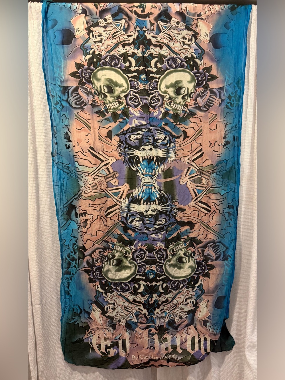 Ed Hardy Large XL Blue and Pink Skull & Tiger Graphic Scarf